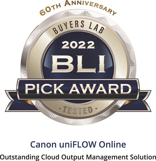 Keypoint Intelligence BLI 2022 PICK award seal for Canon uniFLOW Online, Outstanding Cloud Output Management Solution